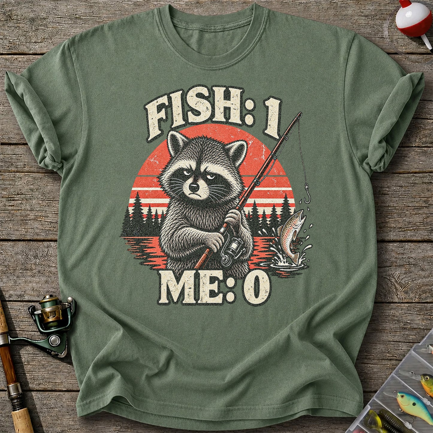Fish: 1 Me: 0 Funny Raccoon Trout Fishing T-Shirt