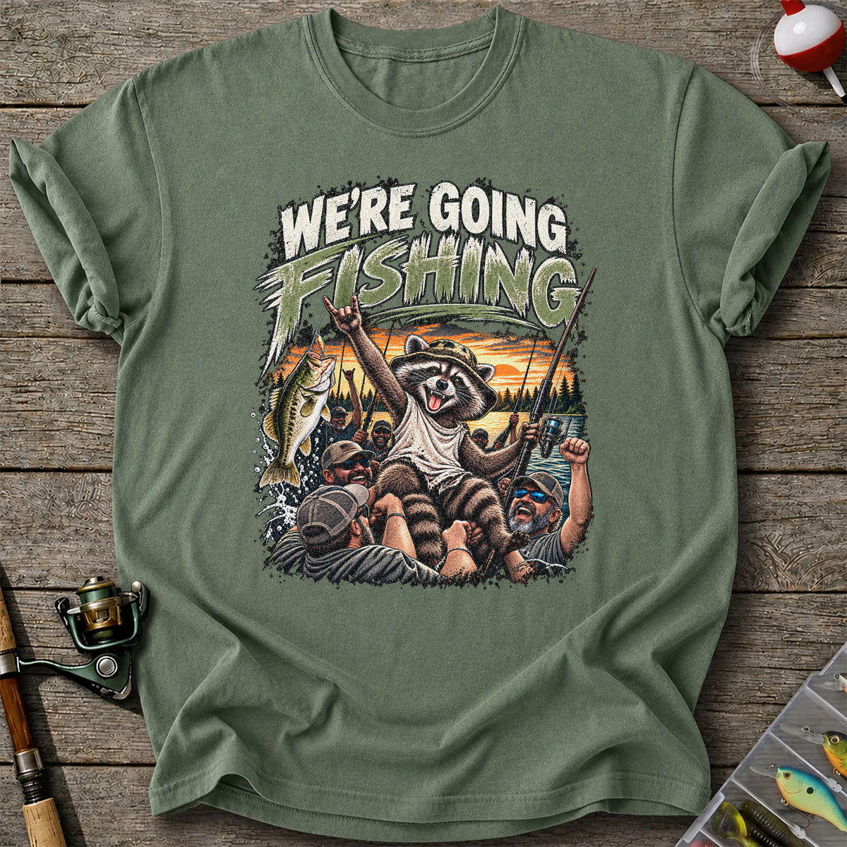 We're Going Fishing Raccoon Outdoor Fishing Graphic T-Shirt