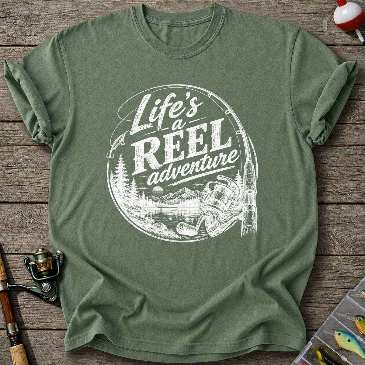 Life's a Reel Adventure Fishing Rod and Mountain Lake T-Shirt