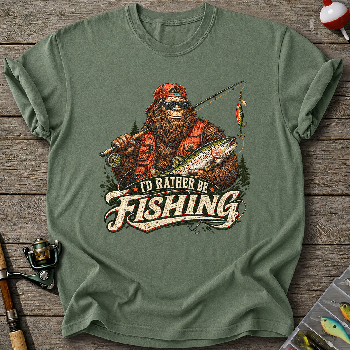 Bigfoot Holding Trout Funny Fishing Graphic T-Shirt