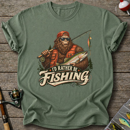 Bigfoot Holding Trout Funny Fishing Graphic T-Shirt