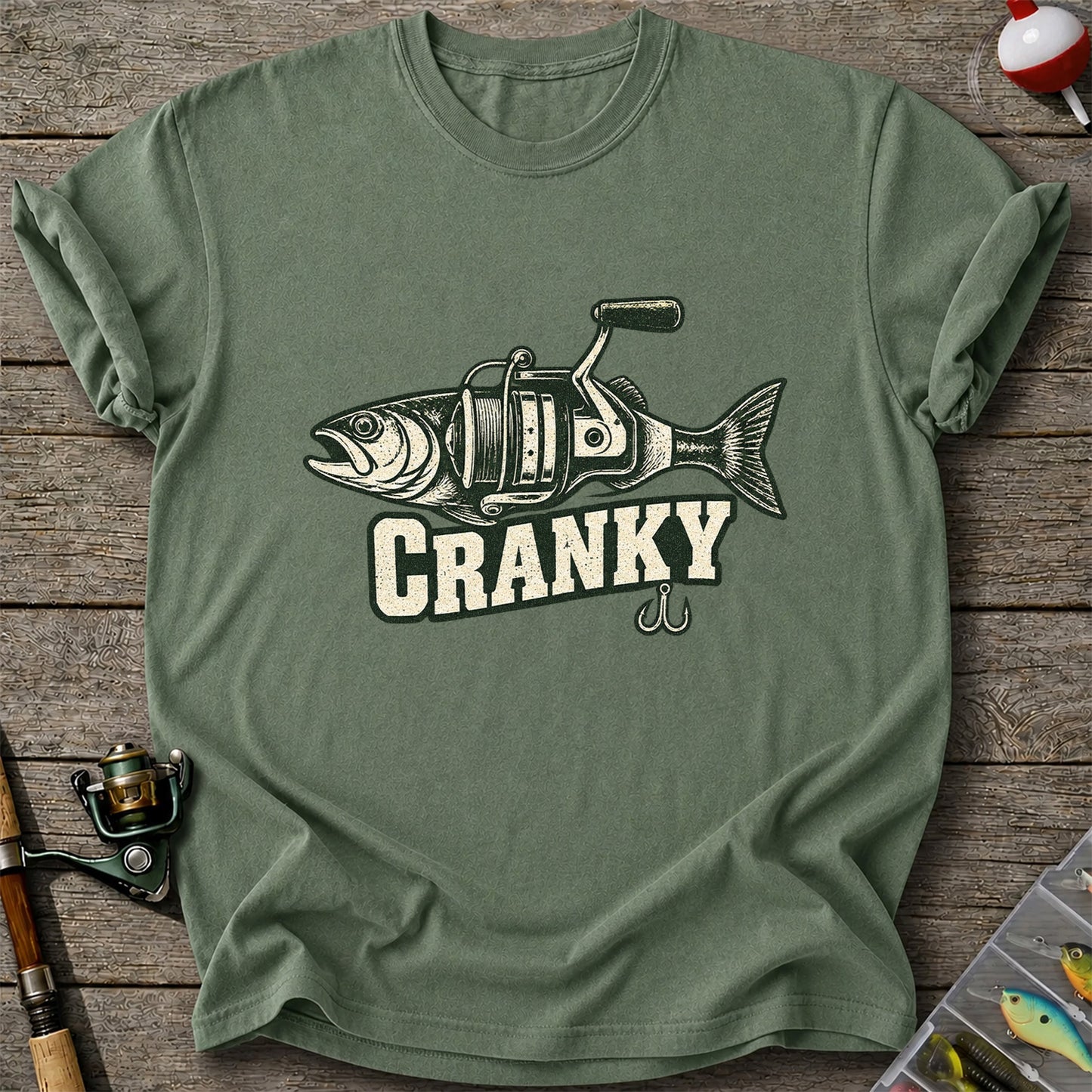 Cranky Fish and Spinning Reel Fishing Graphic T-Shirt