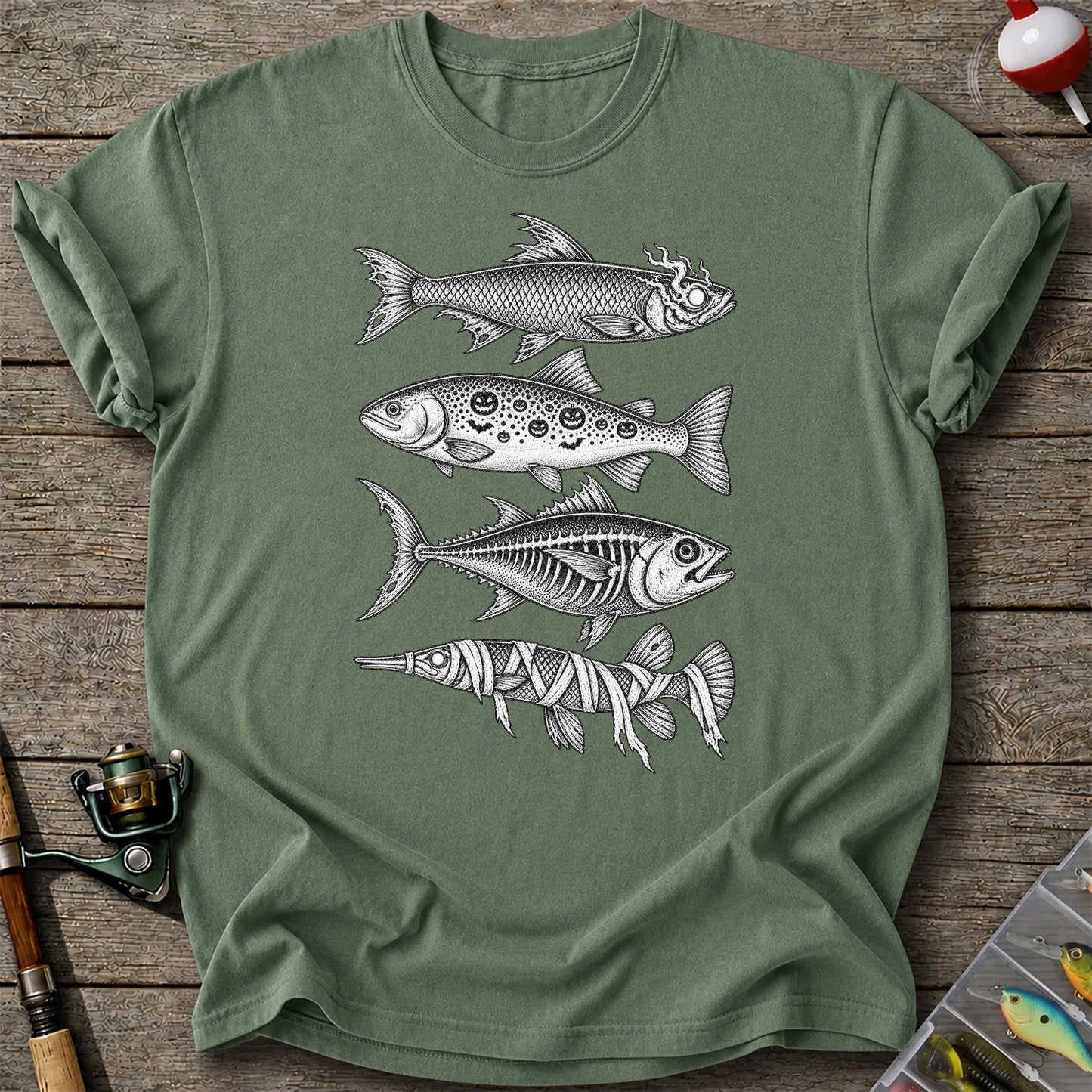 Halloween Zombie Pumpkin Skeleton and Mummy Fish Graphic T-Shirt