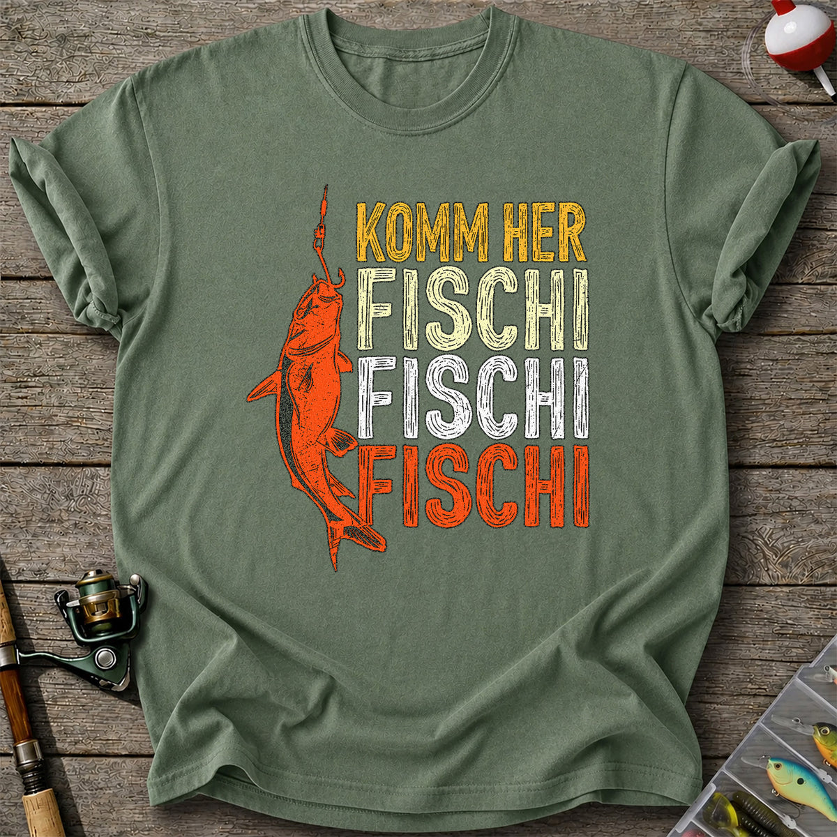 Komm Her Fischi Fischi Funny Catfish Fishing Graphic T-Shirt
