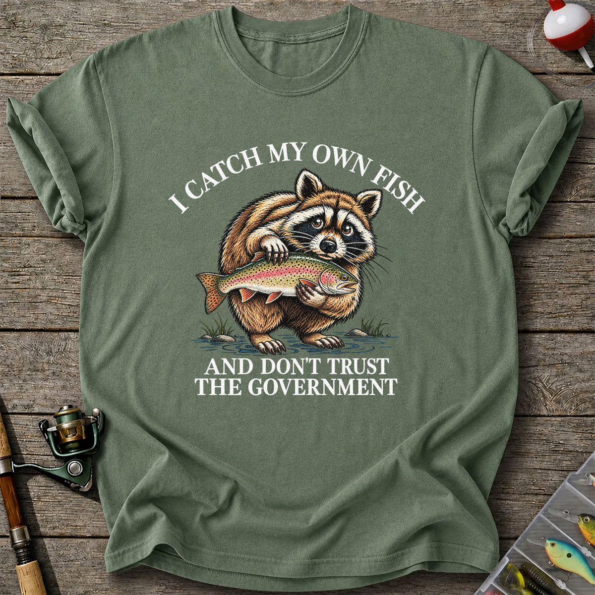 Raccoon Holding Rainbow Trout Fishing Graphic T-Shirt