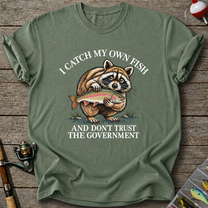 Raccoon Holding Rainbow Trout Fishing Graphic T-Shirt
