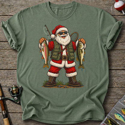 Santa Holding Rainbow Trout and Bass Christmas Fishing Graphic T-Shirt