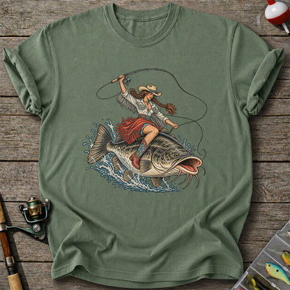 Cowgirl Riding a Largemouth Bass Fishing Graphic T-Shirt