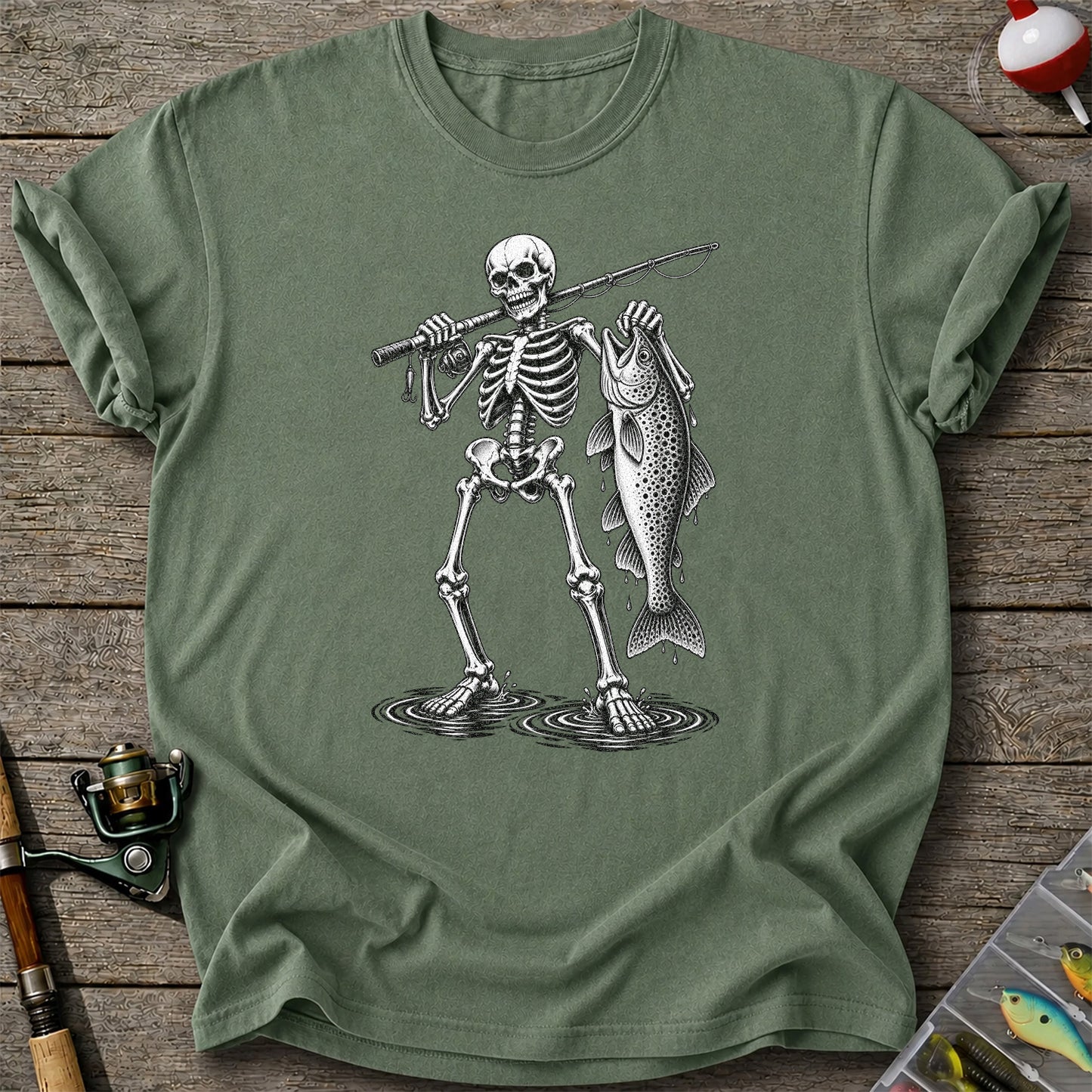 Skeleton Angler Holding a Trout Fishing Graphic T-Shirt