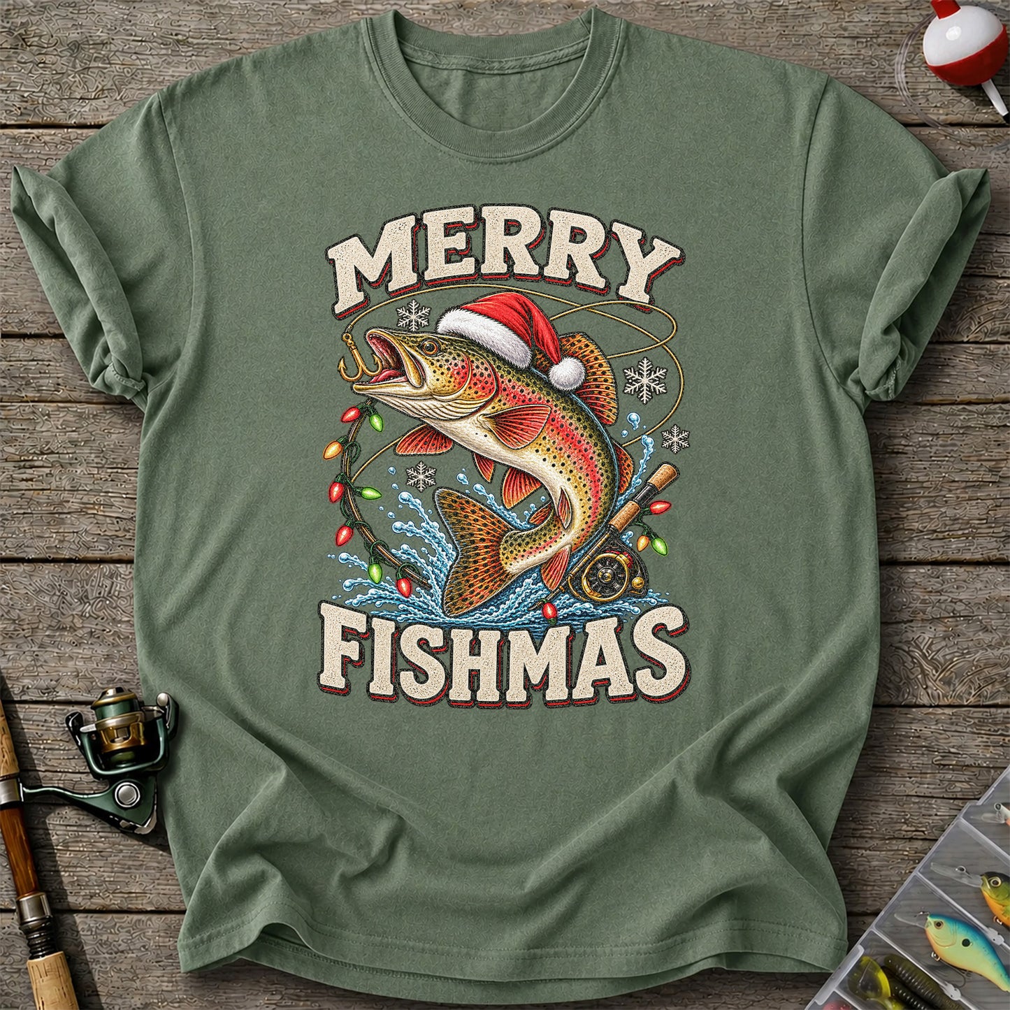 Merry Fishmas Santa Hat Rainbow Trout Fishing T-Shirt