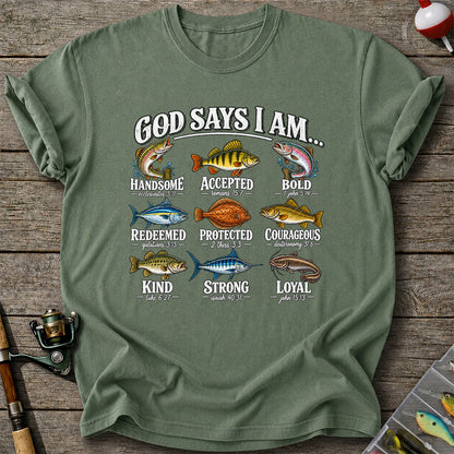 God Says I Am Christian Fish and Bible Verse Fishing Graphic T-Shirt