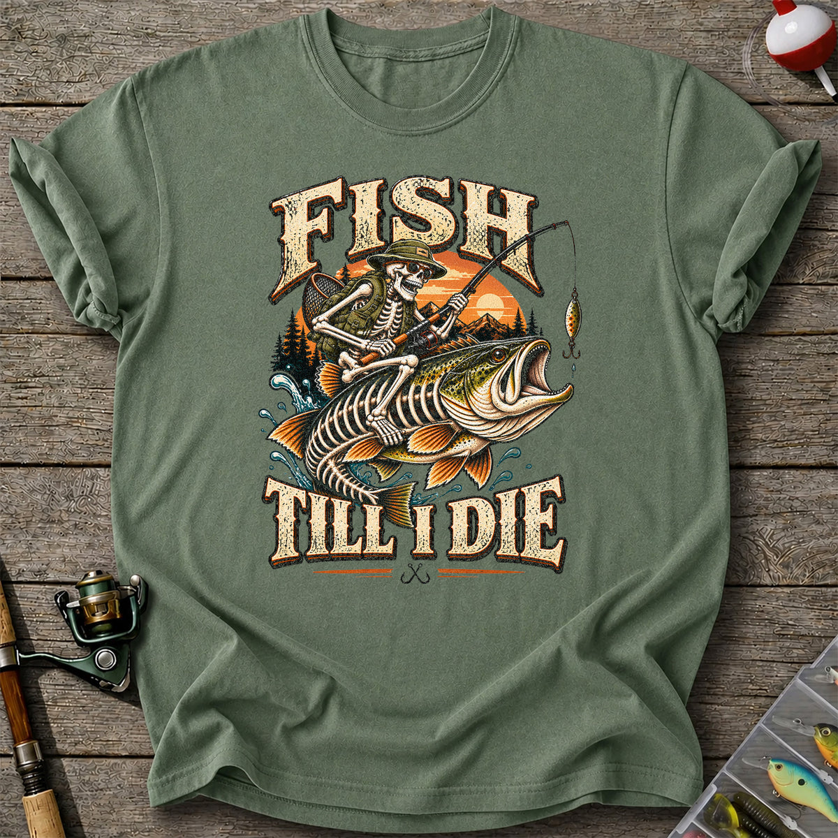Fish Till I Die Skeleton Riding a Largemouth Bass Fishing T-Shirt