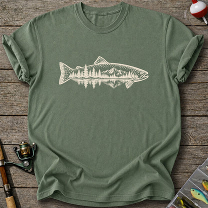 Trout Mountain Forest Reflection Fishing Graphic T-Shirt