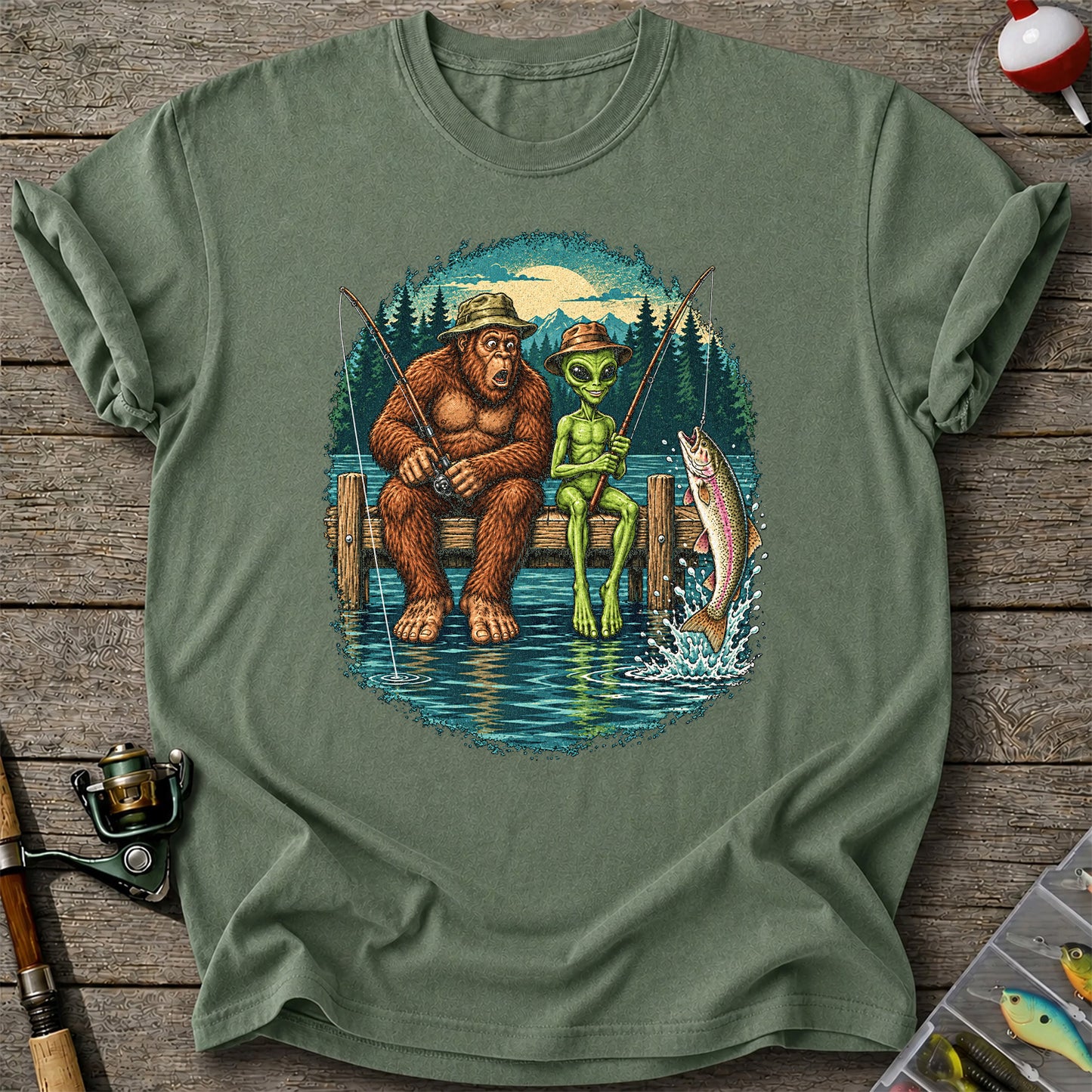 Bigfoot and Alien Fishing on a Dock with Rainbow Trout Graphic T-Shirt