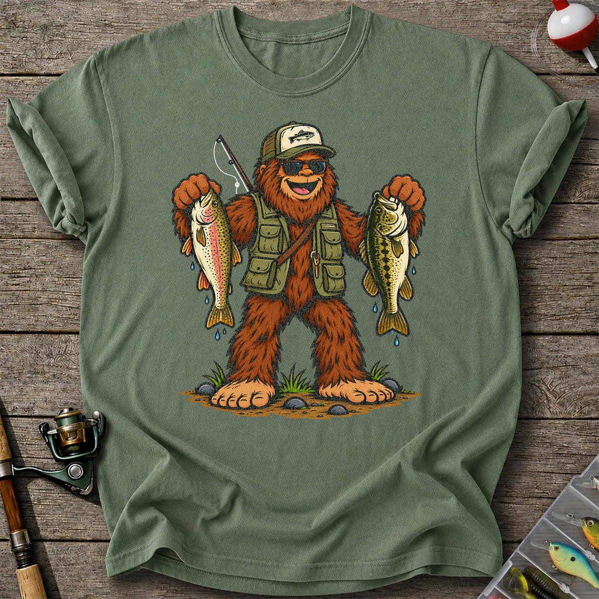 Bigfoot Holding Rainbow Trout and Bass Fishing Graphic T-Shirt