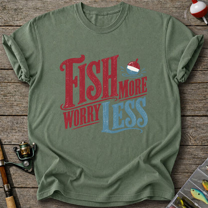 Fish More Worry Less Vintage Bobber Fishing Graphic T-Shirt