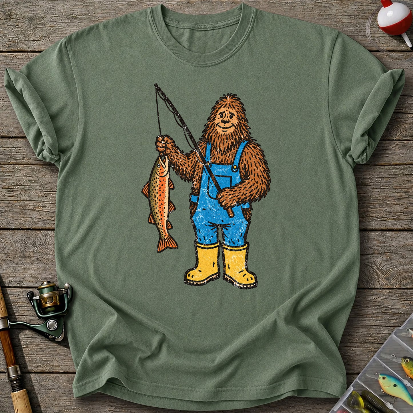 Bigfoot Holding a Brown Trout Fishing Graphic T-Shirt