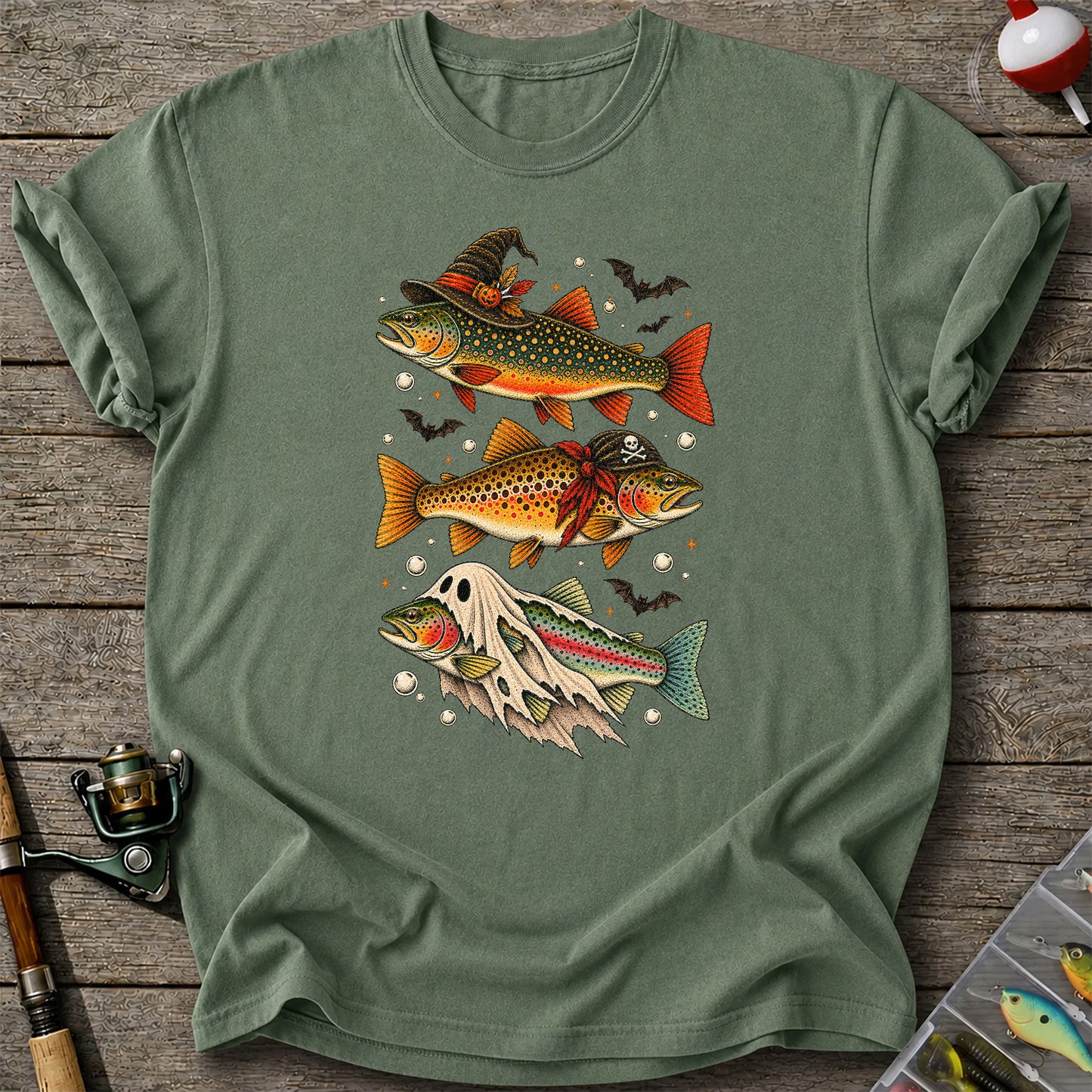 Halloween Trout Trio Witch Pirate and Ghost Fishing T-Shirt