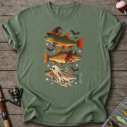 Halloween Trout Trio Witch Pirate and Ghost Fishing T-Shirt