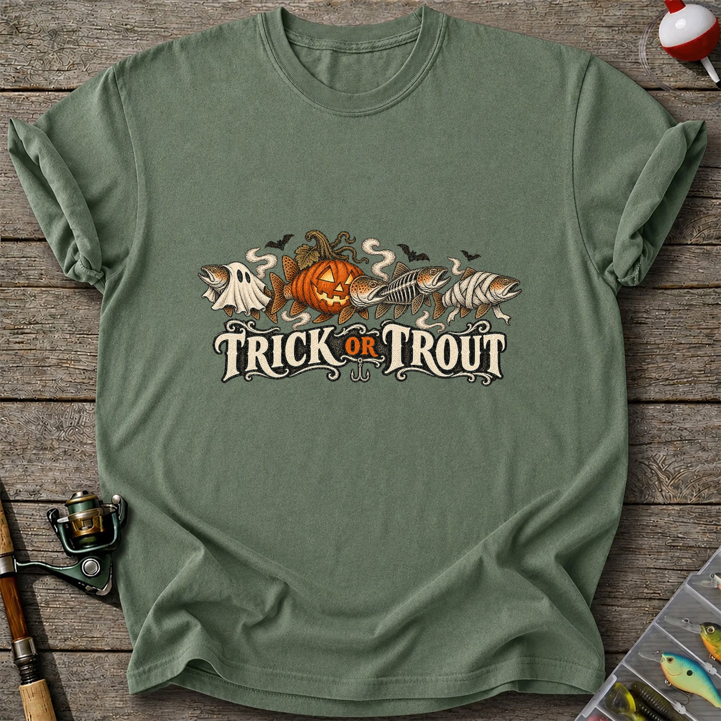 Trick or Trout Halloween Fish Lineup Fishing T-Shirt