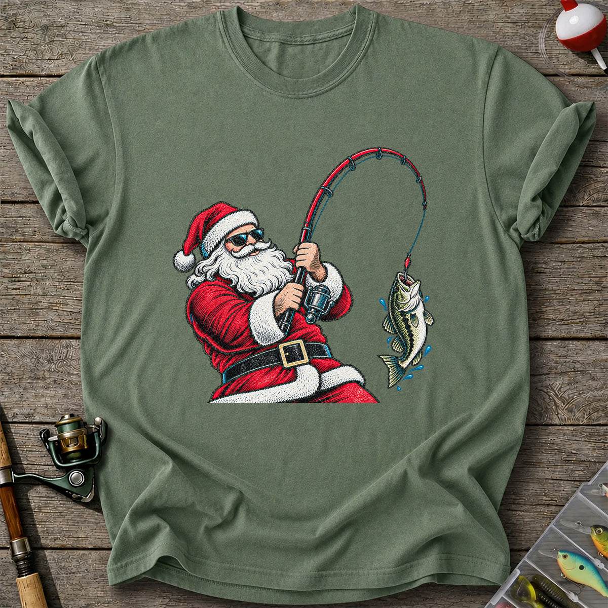 Santa Claus Catching a Bass Christmas Fishing Graphic T-Shirt