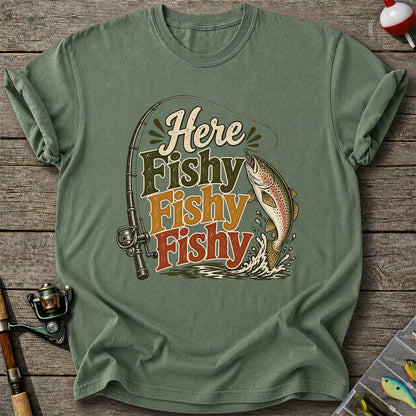 Here Fishy Fishy Fishy Rainbow Trout and Fishing Rod Retro T-Shirt