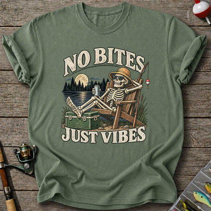 No Bites Just Vibes Skeleton Lake Fishing Graphic T-Shirt