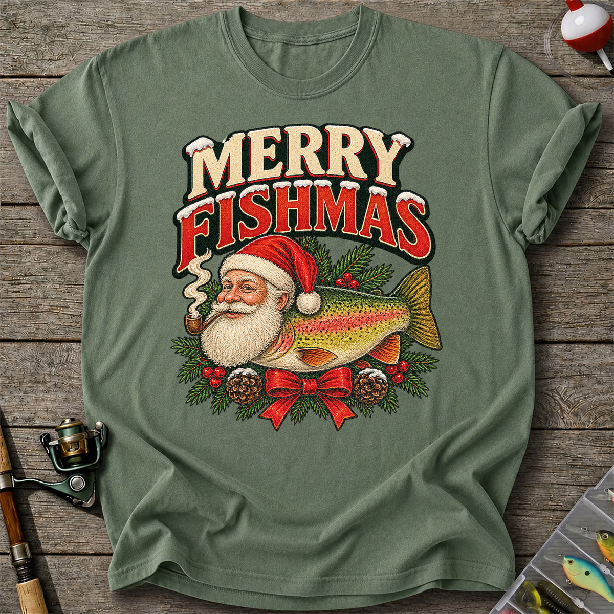Merry Fishmas Santa Rainbow Trout Christmas Fishing T-Shirt