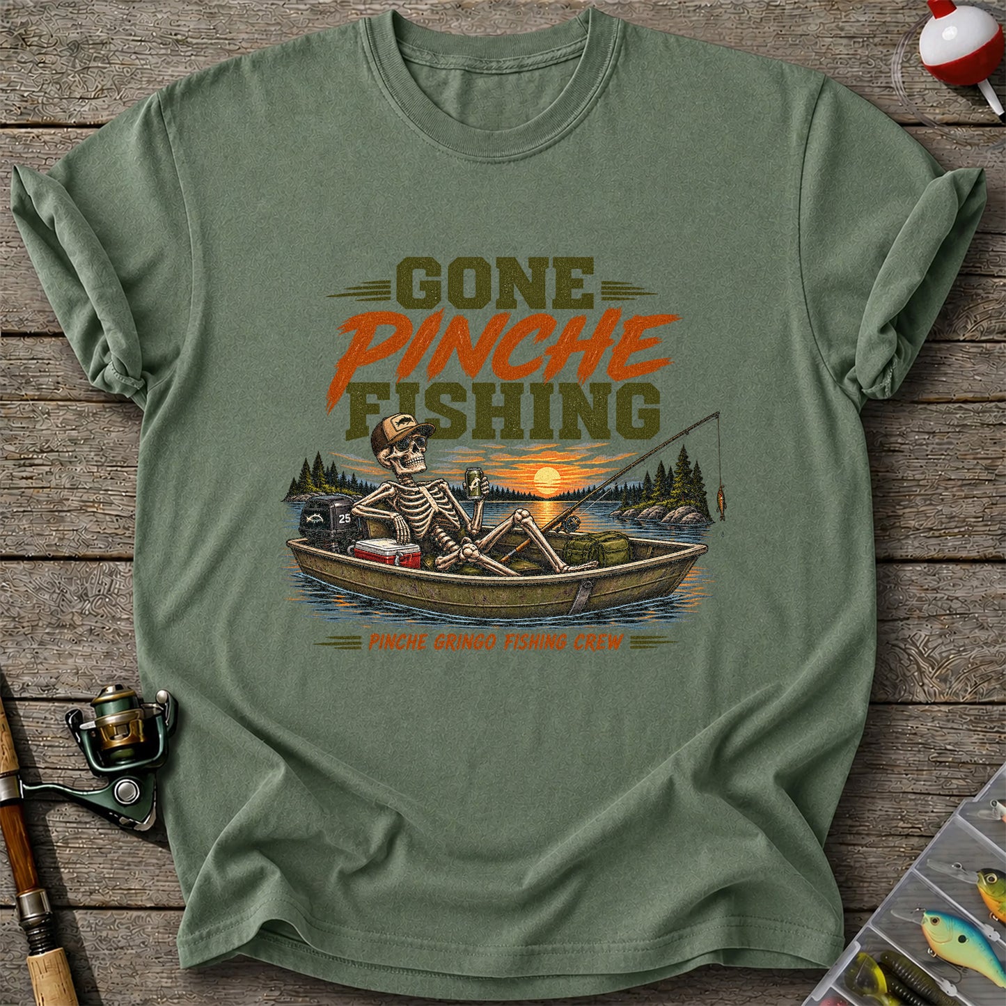 Gone Pinche Fishing Crew Skeleton in a Fishing Boat Graphic T-Shirt