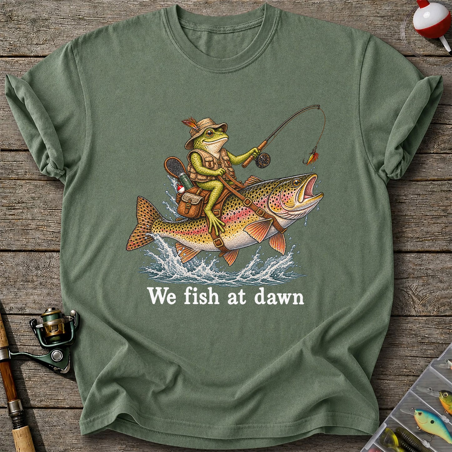 We Fish at Dawn Frog Riding a Rainbow Trout Funny Fishing T-Shirt