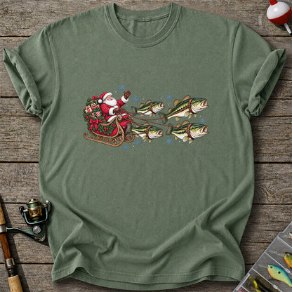Santa in a Sleigh Pulled by Bass Christmas Fishing Graphic T-Shirt