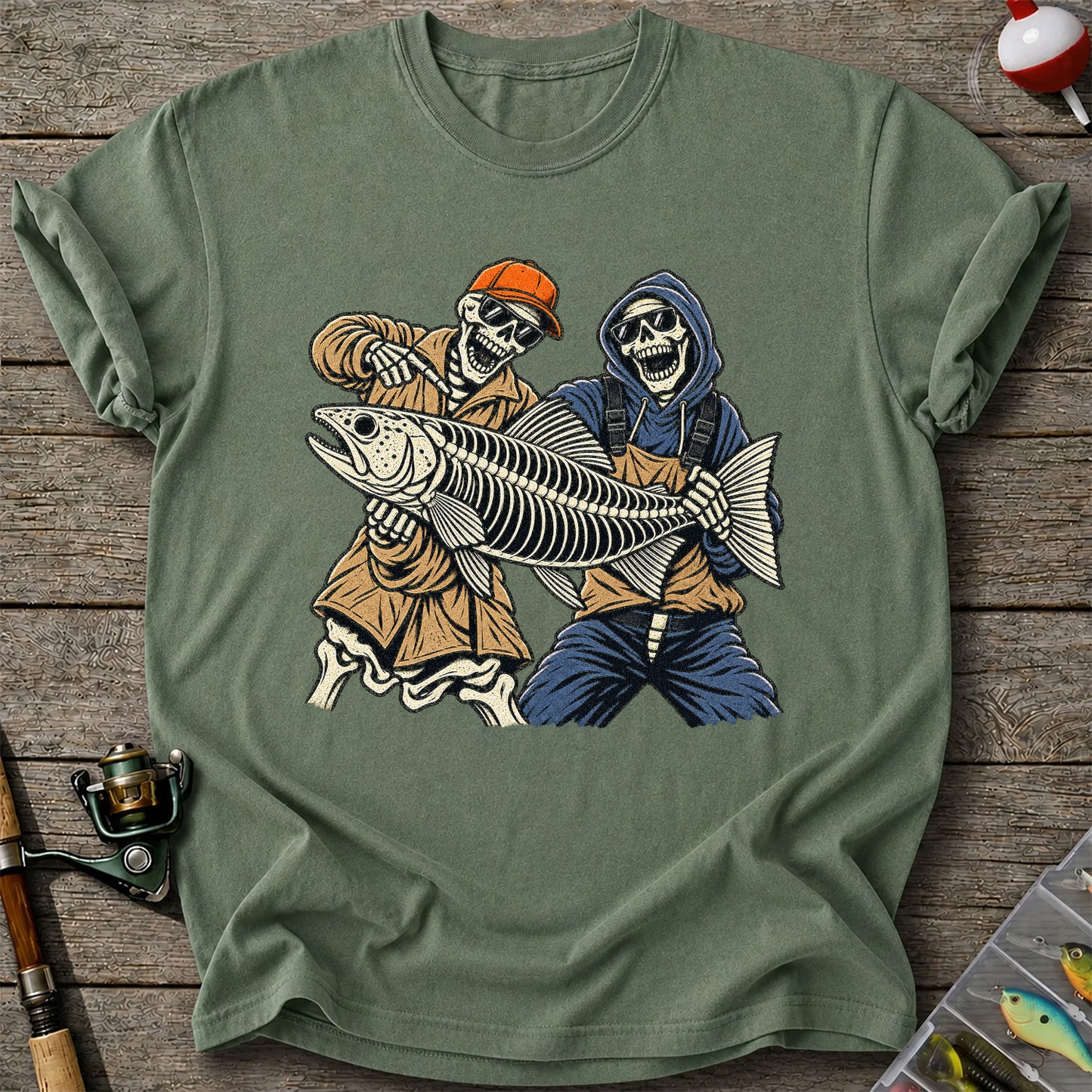 Skeleton Anglers Holding a Giant Fish Graphic T-Shirt