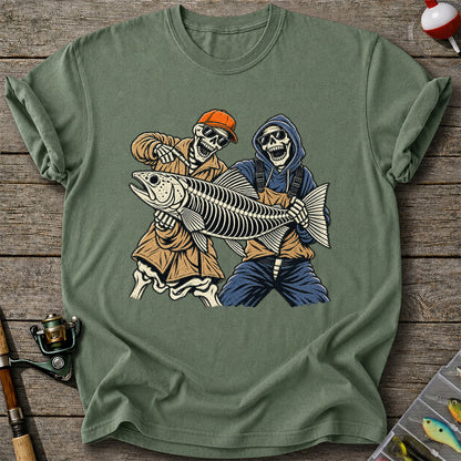 Skeleton Anglers Holding a Giant Fish Graphic T-Shirt