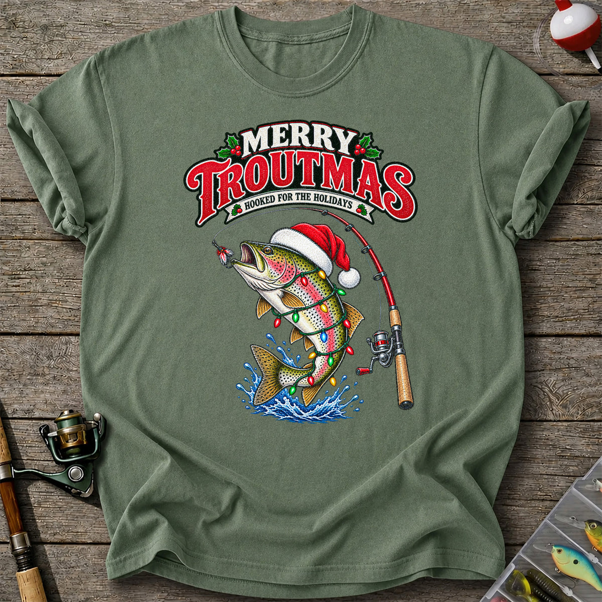 Merry Troutmas Hooked for the Holidays Rainbow Trout Christmas Fishing T-Shirt