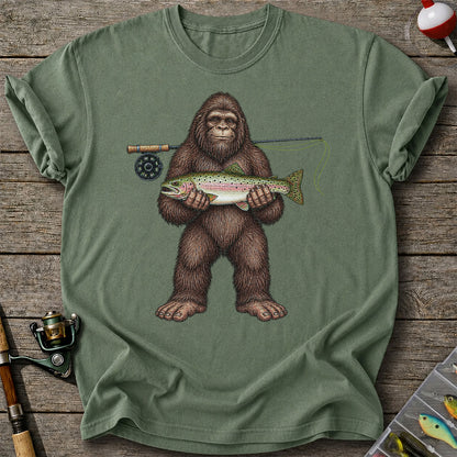 Bigfoot Holding Rainbow Trout Fly Fishing Graphic T-Shirt