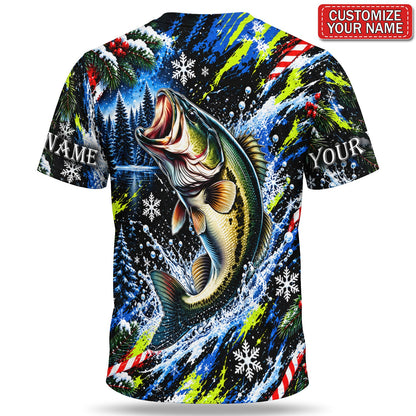 Personalized Jumping Bass and Snowflakes Christmas Fishing T-Shirt