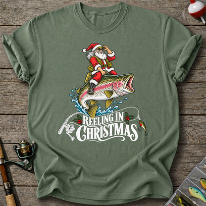 Reeling in Christmas Santa Rainbow Trout Fishing T-Shirt