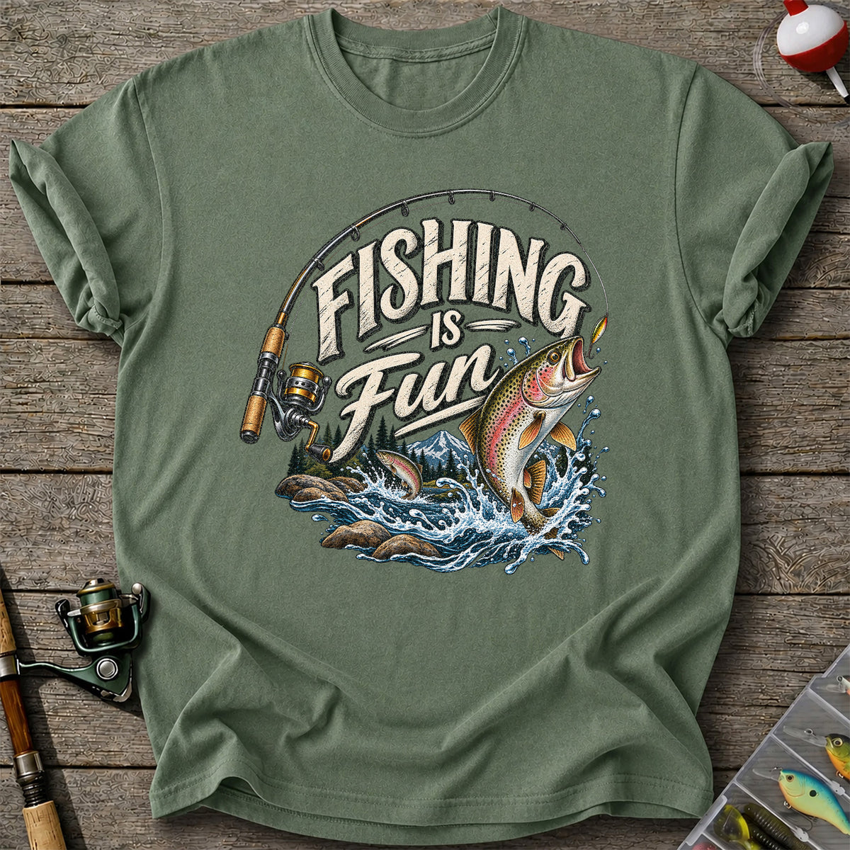 Fishing Is Fun Rainbow Trout and Mountain Graphic T-Shirt