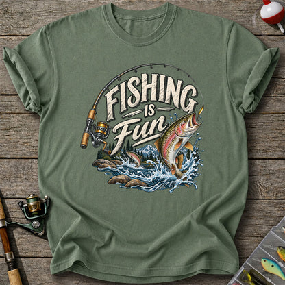 Fishing Is Fun Rainbow Trout and Mountain Graphic T-Shirt