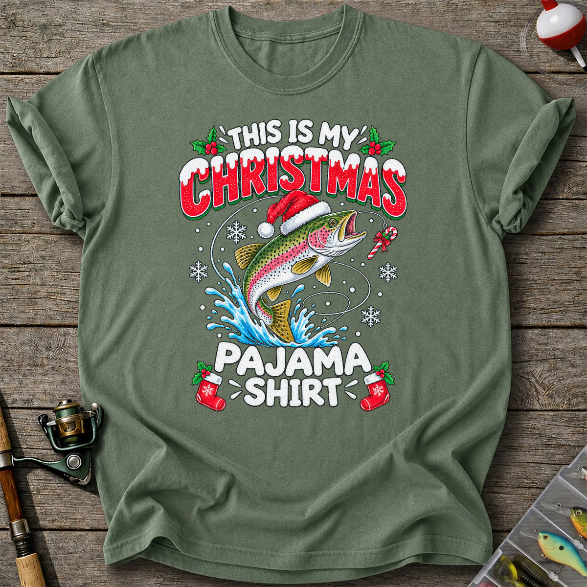 This Is My Christmas Pajama Shirt Rainbow Trout Fishing T-Shirt