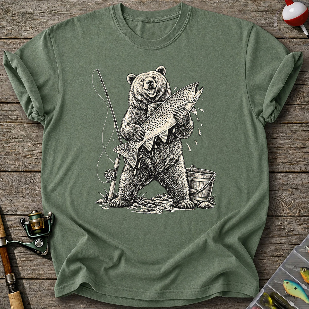 Bear Holding Trout Fishing Graphic T-Shirt