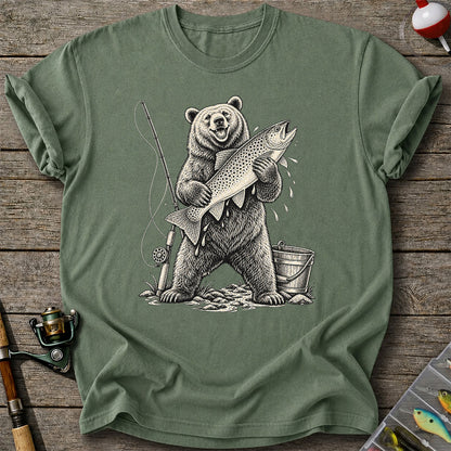 Bear Holding Trout Fishing Graphic T-Shirt