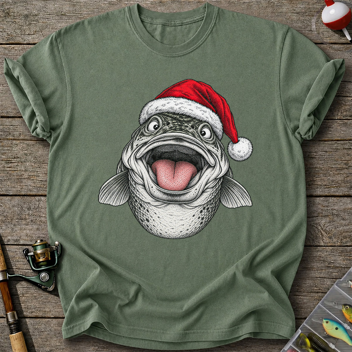 Funny Santa Hat Trout Christmas Fishing Graphic T-Shirt