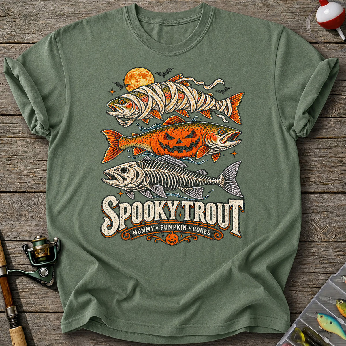 Spooky Trout Mummy Pumpkin Bones Halloween Fishing T-Shirt