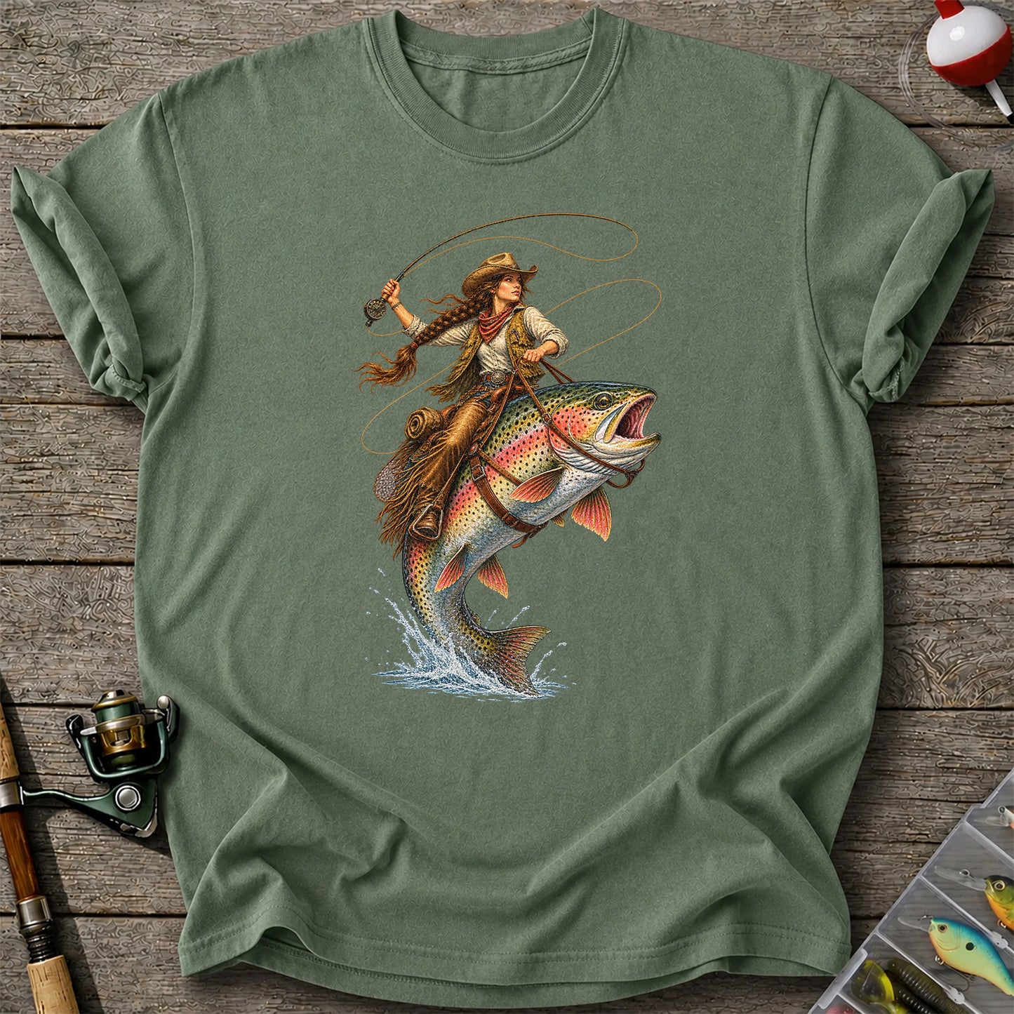 Western Cowgirl Riding a Rainbow Trout Fly Fishing Graphic T-Shirt