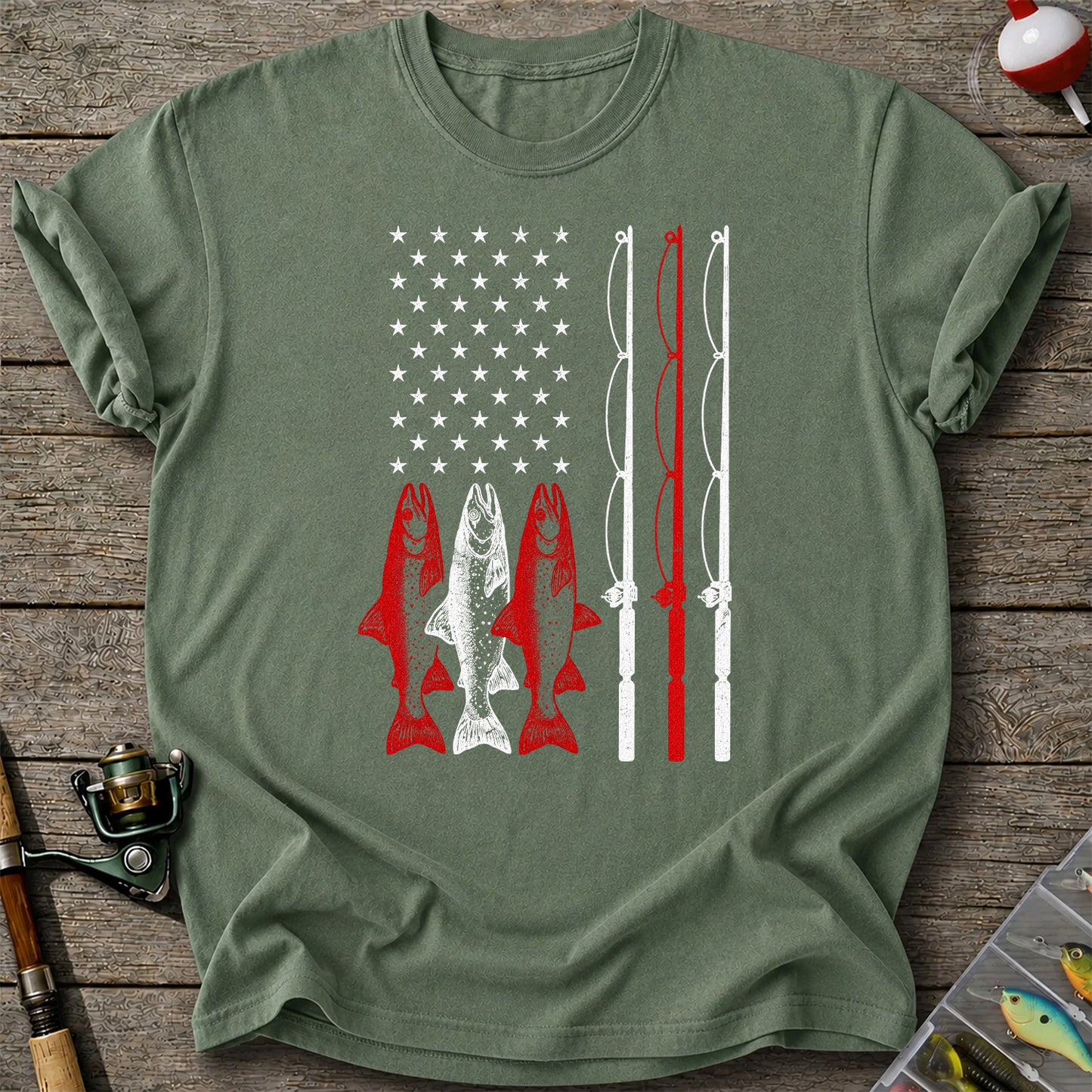 American Flag Trout and Fishing Rods Patriotic T-Shirt