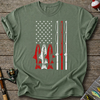 American Flag Trout and Fishing Rods Patriotic T-Shirt