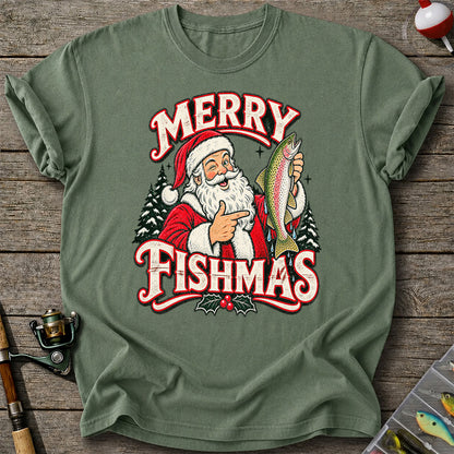 Merry Fishmas Santa Holding Rainbow Trout Christmas Fishing T-Shirt