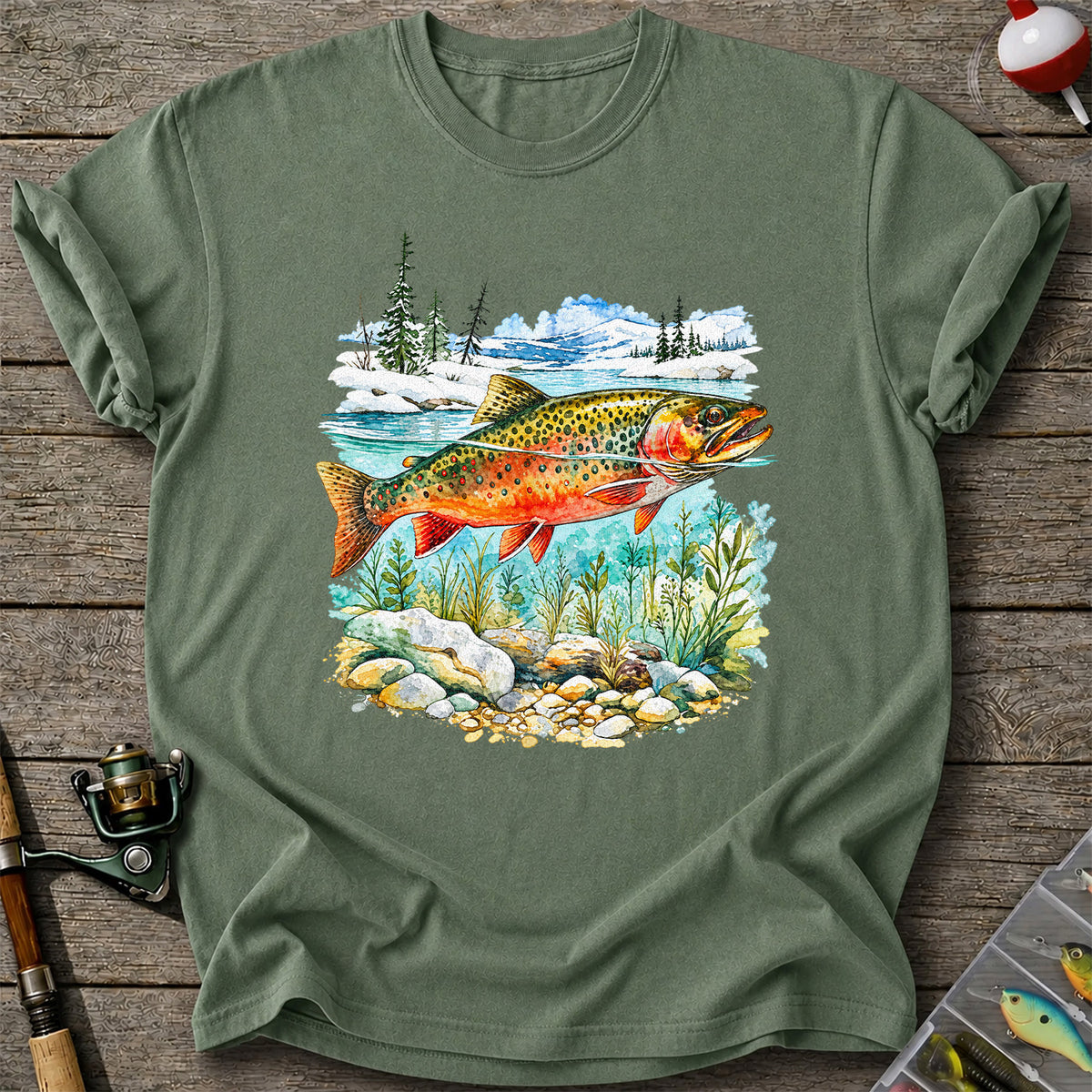 Brown Trout in Mountain River Watercolor Fishing Graphic T-Shirt