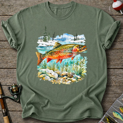 Brown Trout in Mountain River Watercolor Fishing Graphic T-Shirt